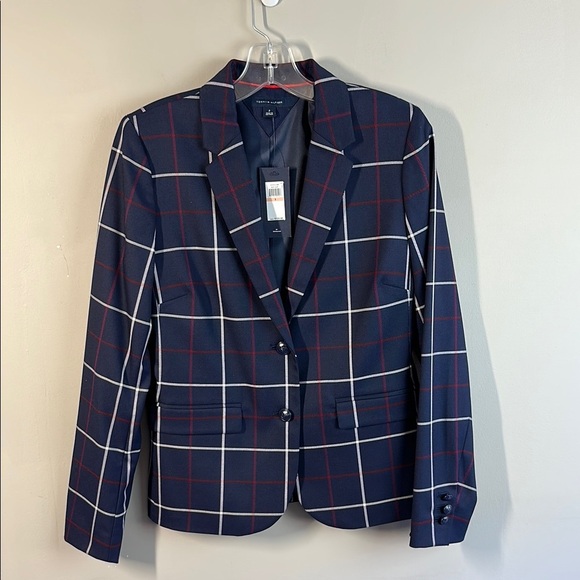 NWT Tommy Hilfiger Women Navy Window Pane Plaid Blazer Sz 2 Academia Lined Prep - Picture 1 of 16